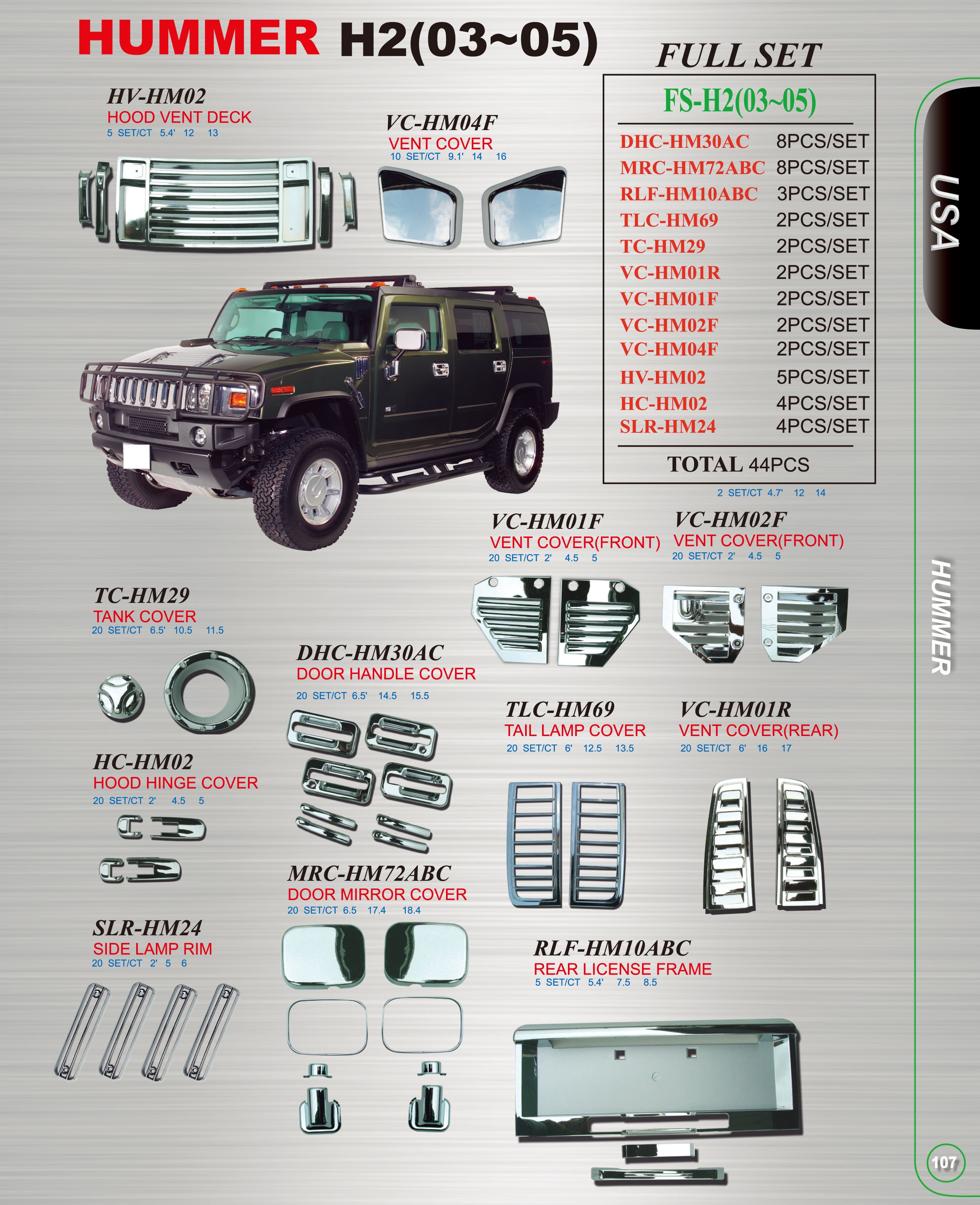 Hummer H2 (02-05) полный хром пакет, хромированные декоративные накладки,  комплект 44 предмета. купить в Кисловодске - Автофишка