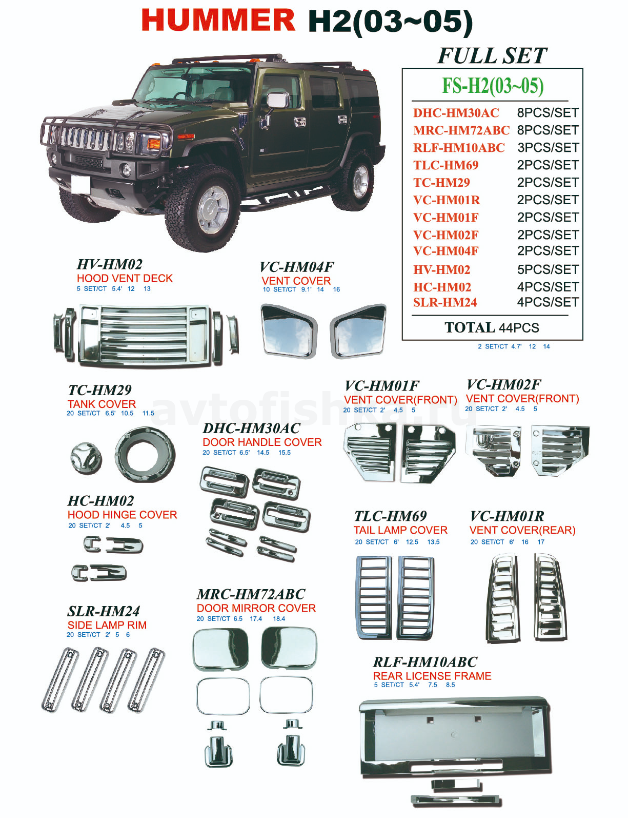 Hummer H2 (02-05) полный хром пакет, хромированные декоративные накладки,  комплект 44 предмета. купить в Кисловодске - Автофишка